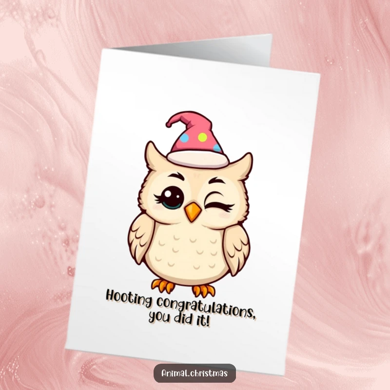 Funny Free Printable congratulations card: A kawaii owl with a festive hat blinks with amusement, celebrating your success. Get this downloadable card!