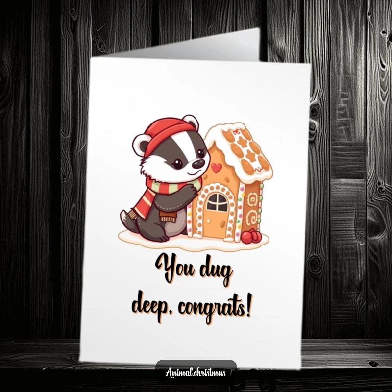 Funny Free Printable Congratulations Card: Badger in scarf decorating gingerbread house, symbolizing sweet achievements and festive celebrations.