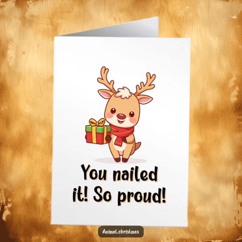 Funny Free Printable Congratulations Card: A smiling reindeer joyfully delivering a present, perfect for your next celebration.
