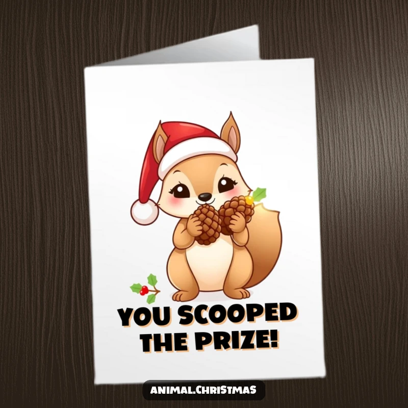 Funny Free Printable Congratulations Card: Squirrel in Santa hat with glowing pinecone, celebrating success with DIY sparkle.