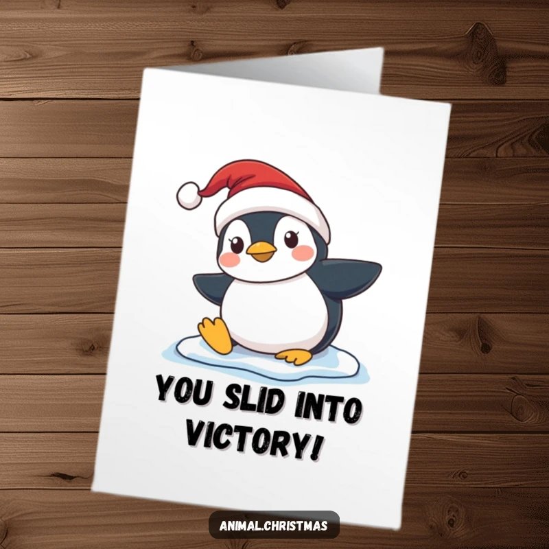 Hilarious free printable congratulations card with a penguin in a Santa hat comically slipping on ice, celebrating achievement.
