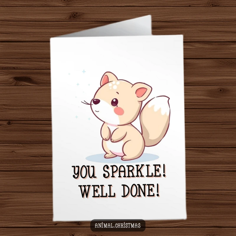 Funny Free Printable Congratulations Card: Animal joyfully sprinkles sparkling snow with a flick of its tail, celebrating.
