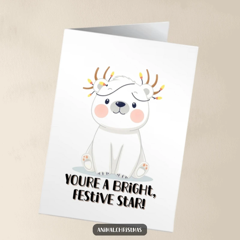 Funny Free Printable Congratulations Card: A polar bear with tangled twinkling lights offers festive congratulations.