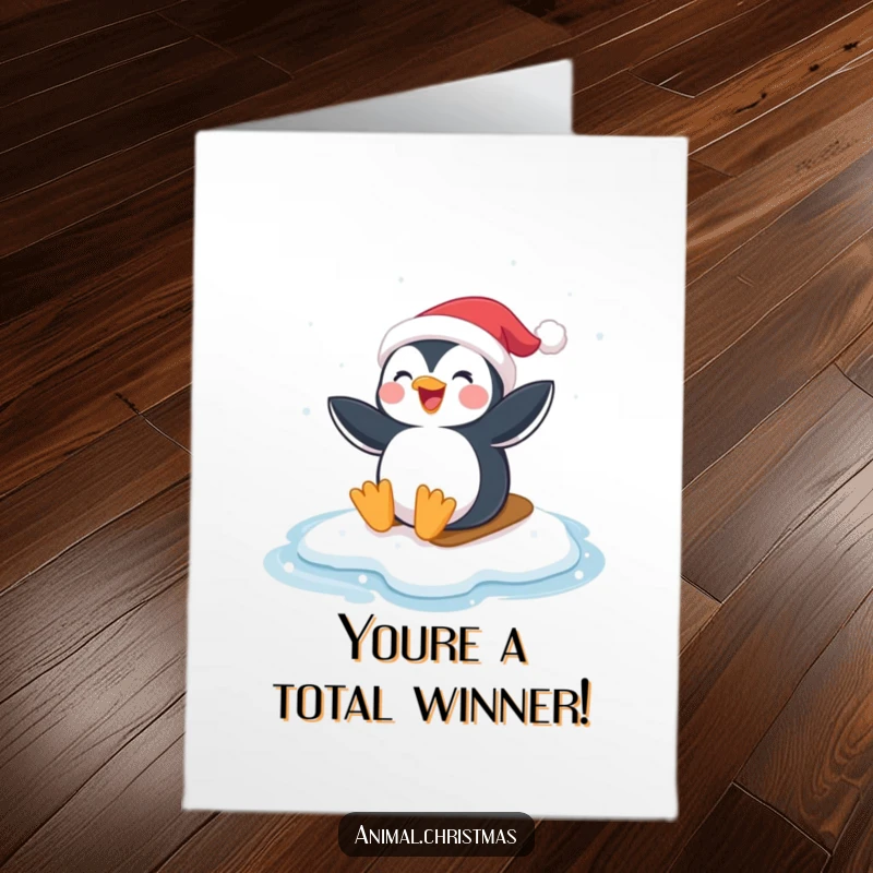 Funny Free Printable Congratulations Card: A penguin wearing a Santa hat surfs on ice, celebrating your big win.