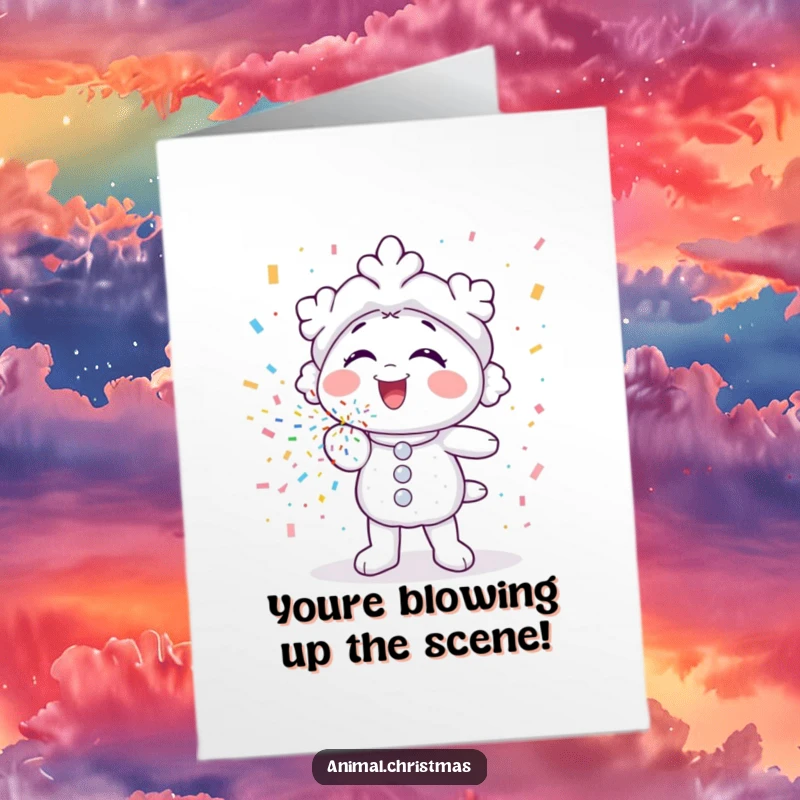 Funny Free Printable Congratulations Card: A snowflake gleefully blows colorful confetti, showering congratulations.