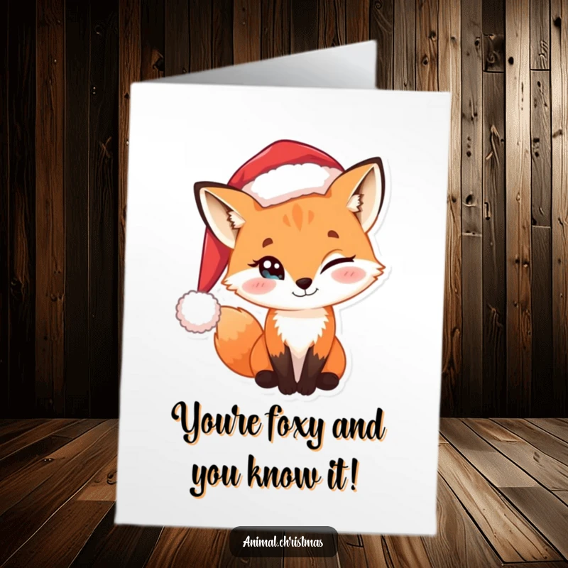 Funny Free Printable Congratulations Card: A fox with a mischievous glint in its eye sports a Santa hat, celebrating success.