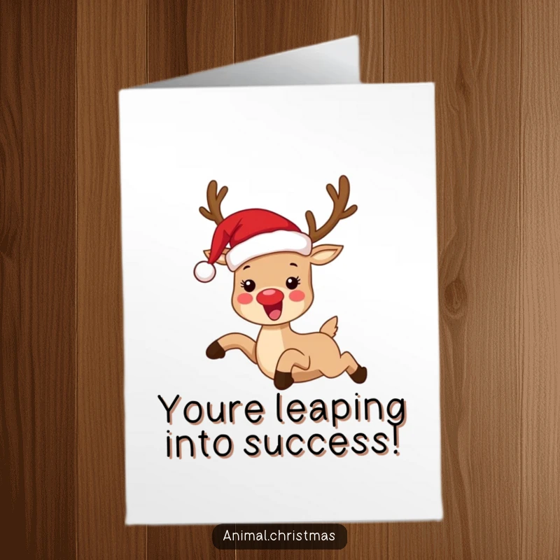 Funny Free Printable Congratulations Card: A happy reindeer in a Santa hat leaps with glee, celebrating your success.