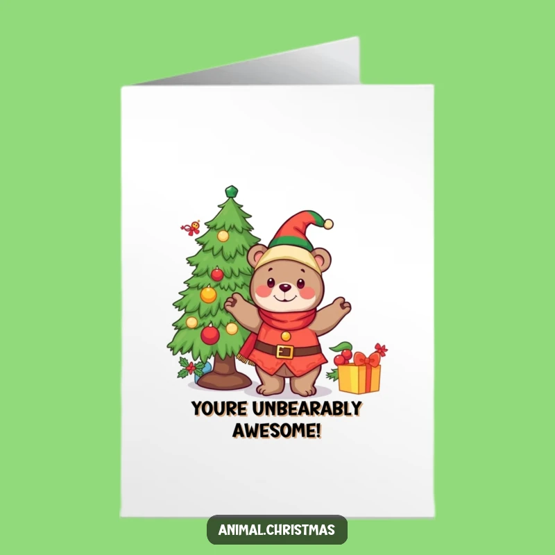Funny Free Printable Congrats Card: Elf Bear Decorating Tree, DIY Downloadable Gift