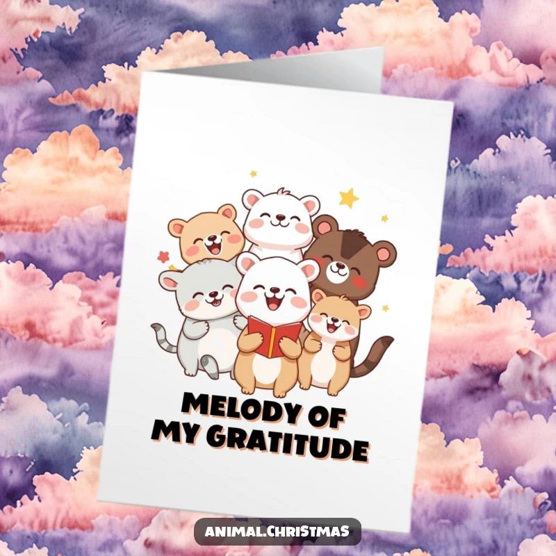 Funny Free Printable Thank You Card: A group of animals singing carols with joyful expressions, conveying thanks.