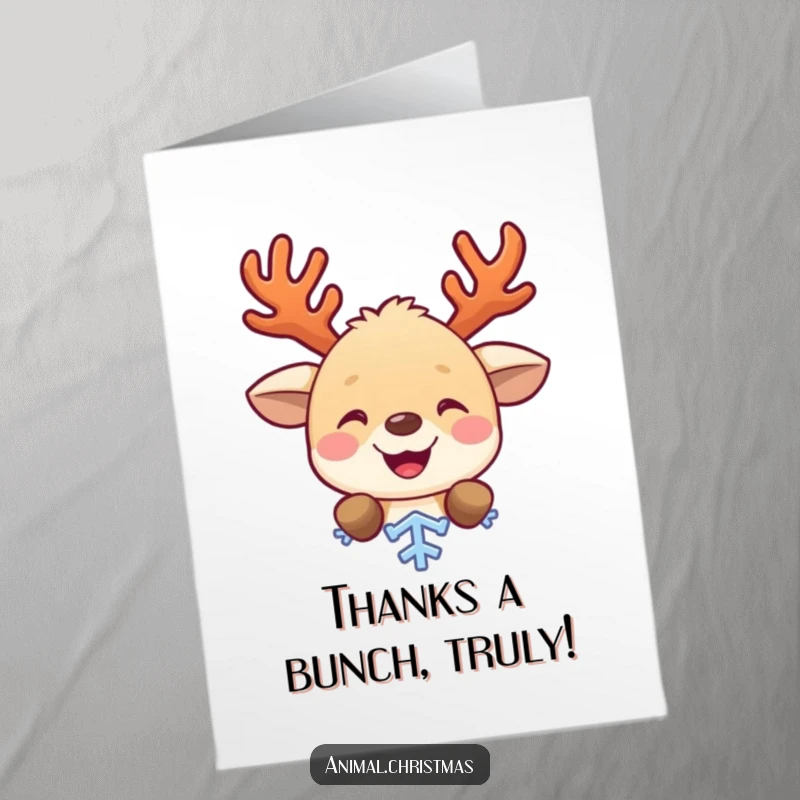 Funny Free Printable Thank You Card with a cute animal wearing antlers peeking from snow, expressing cheerful gratitude.