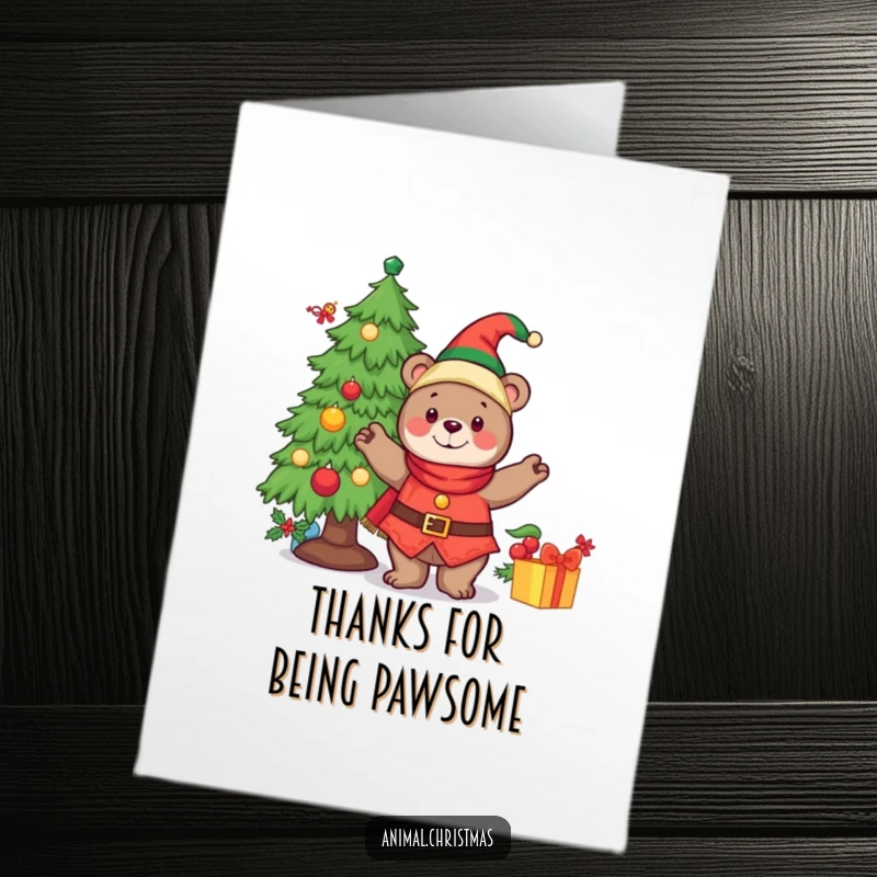 Funny Free Printable Thank You Card: A cheerful bear in an elf outfit decorates a festive Christmas tree, showing thanks.