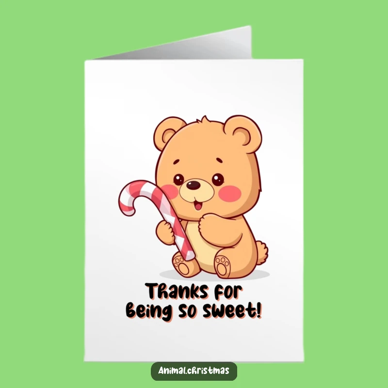 Free Printable Thank You Card: Excited Bear Cub with Candy Cane, Downloadable
