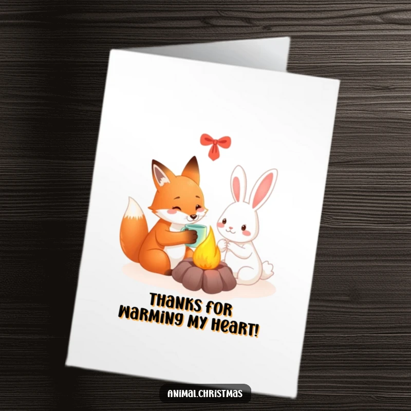Funny Free Printable Thank You Card: A fox and rabbit sit by a festive fire, sharing a warm mug and expressing thanks.