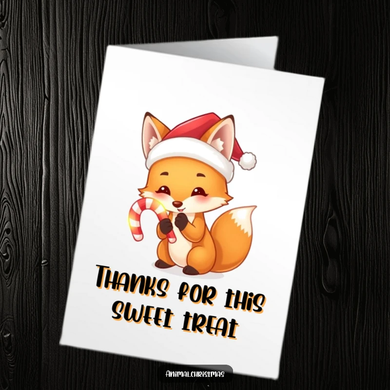 Funny Free Printable Thank You Card: A fox in a Santa hat holding a glowing candy cane, offering a sweet and funny thank you.