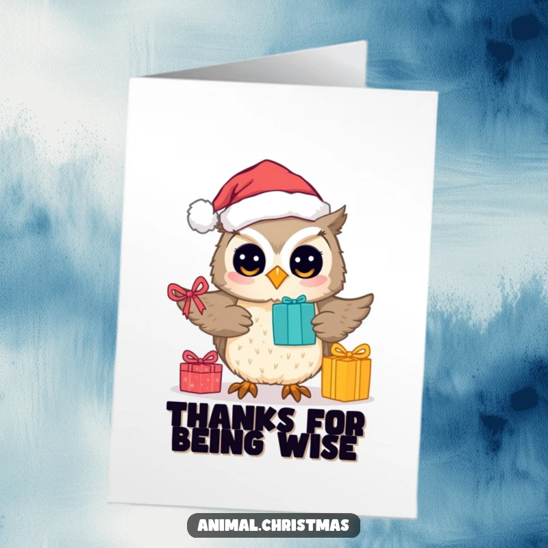 Funny Free Printable Thank You Card: Cute owl in Santa hat offers presents as a token of sincere gratitude.