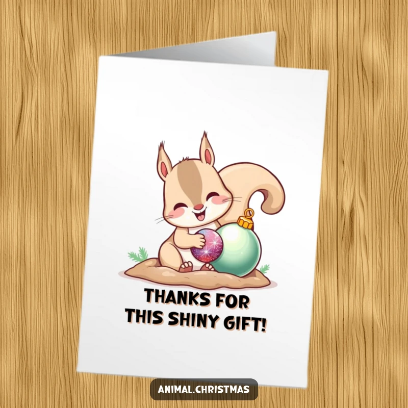 Funny Free Printable Thank You Card: A grinning squirrel enthusiastically buries a glittery ornament, expressing heartfelt thanks.