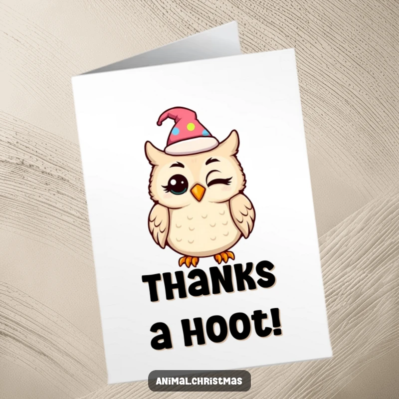 Funny Free Printable thank you card: Amused kawaii owl in a festive hat offers a grateful wink for your kindness. A downloadable thank you!