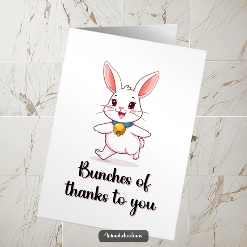 Funny Free Printable Thank You Card: Cheerful rabbit with jingle bell collar hopping, a delightful DIY token of thanks.