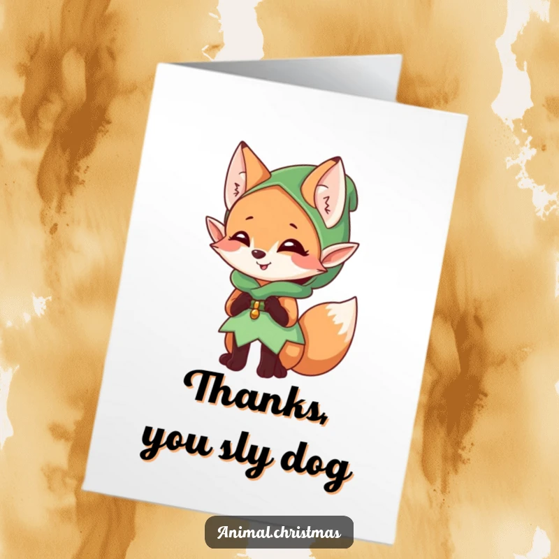 Funny Free Printable Thank You Card: Fox dressed as an elf giggling mischievously, a playful DIY thank you.