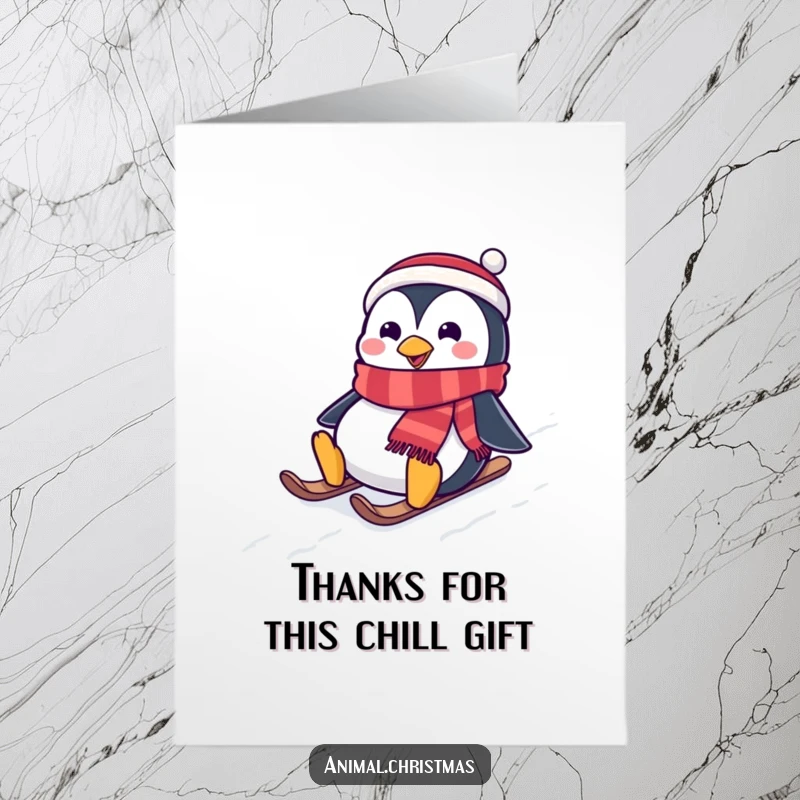 Funny Free Printable Thank You Card: A penguin in a festive scarf enjoying a slide down a snowy hill, offering a fun thank you.