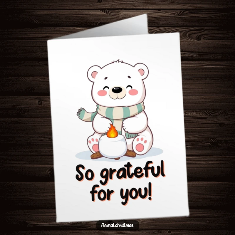 Funny Free Printable Thank You Card: A polar bear in a scarf cheerfully roasts a marshmallow, symbolizing warm thanks.
