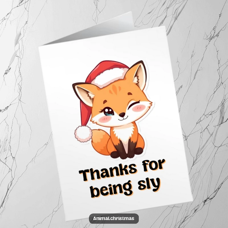 Funny Free Printable Thank You Card: A fox with a Santa hat and a twinkling eye offers thanks with a sly grin.