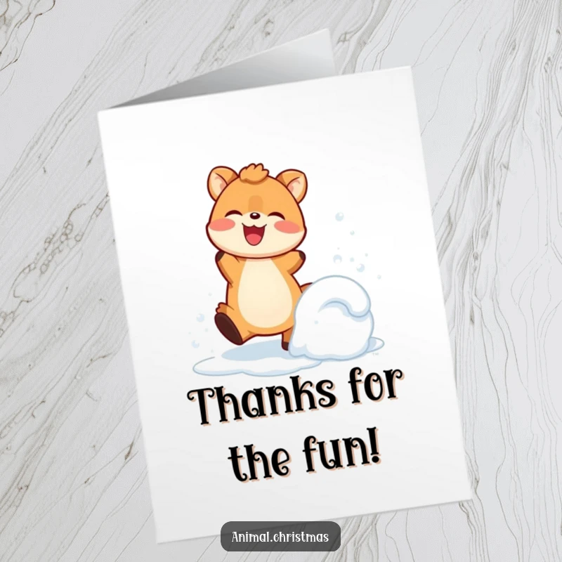 Funny Free Printable Thank You Card: Cheerful cartoon animal joyfully kicking snow, conveying heartfelt thanks with a happy expression.