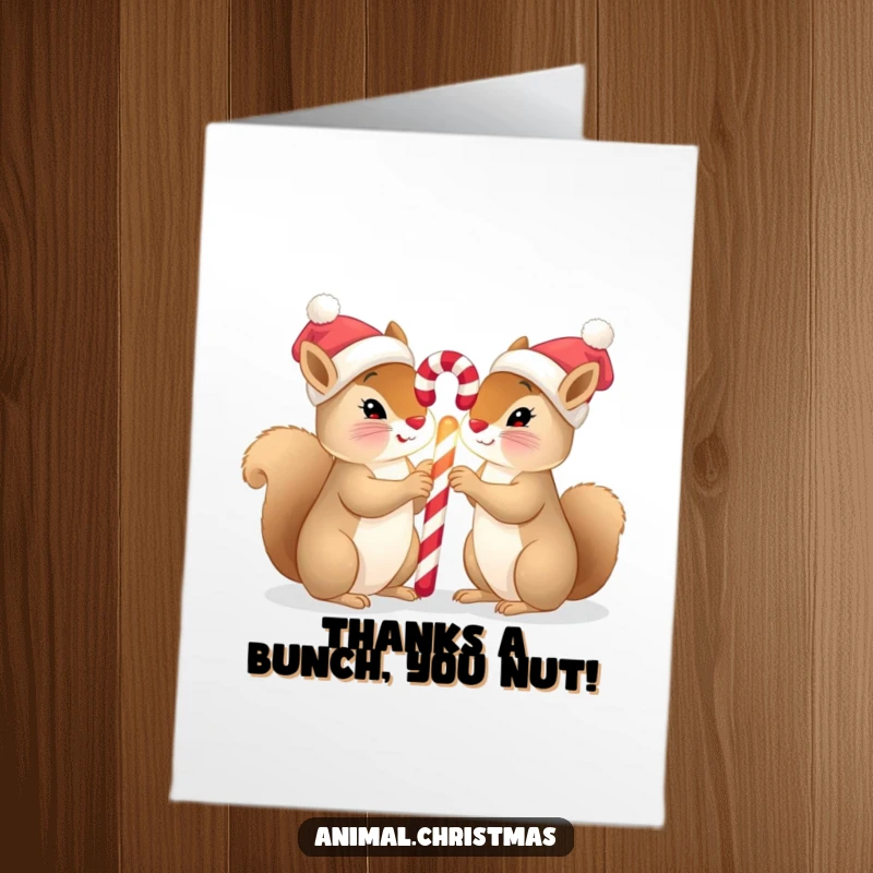 Funny Free Printable Thank You Card: Two squirrels in tiny hats sharing a glowing candy cane, expressing heartfelt thanks.