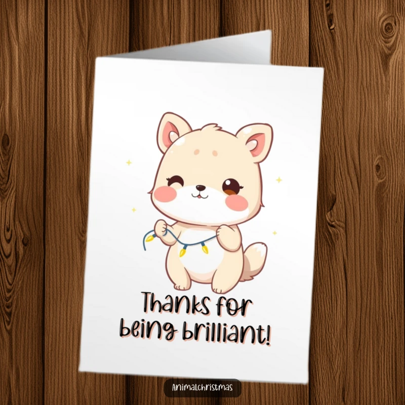 Funny Free Printable Thank You Card: Cute cartoon animal winking slyly, holding a string of illuminated fairy lights, expressing thanks.