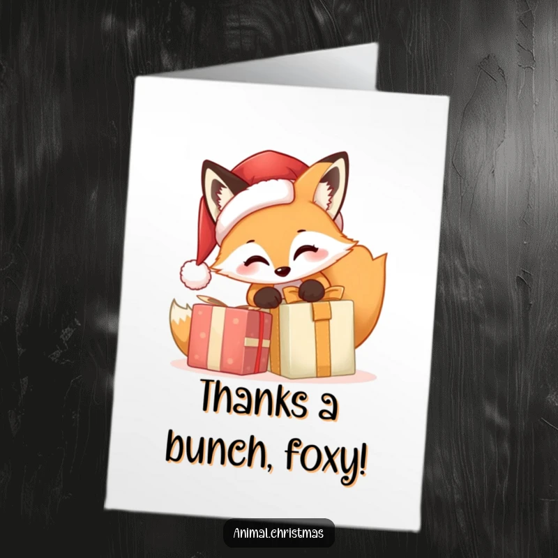 Funny free printable thank you card depicting a joyful fox in a Santa hat, eagerly unwrapping a present as thanks.
