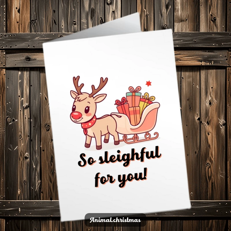 Funny free printable thank you card featuring a reindeer with a gift-laden sleigh, conveying thanks with a humorous touch.