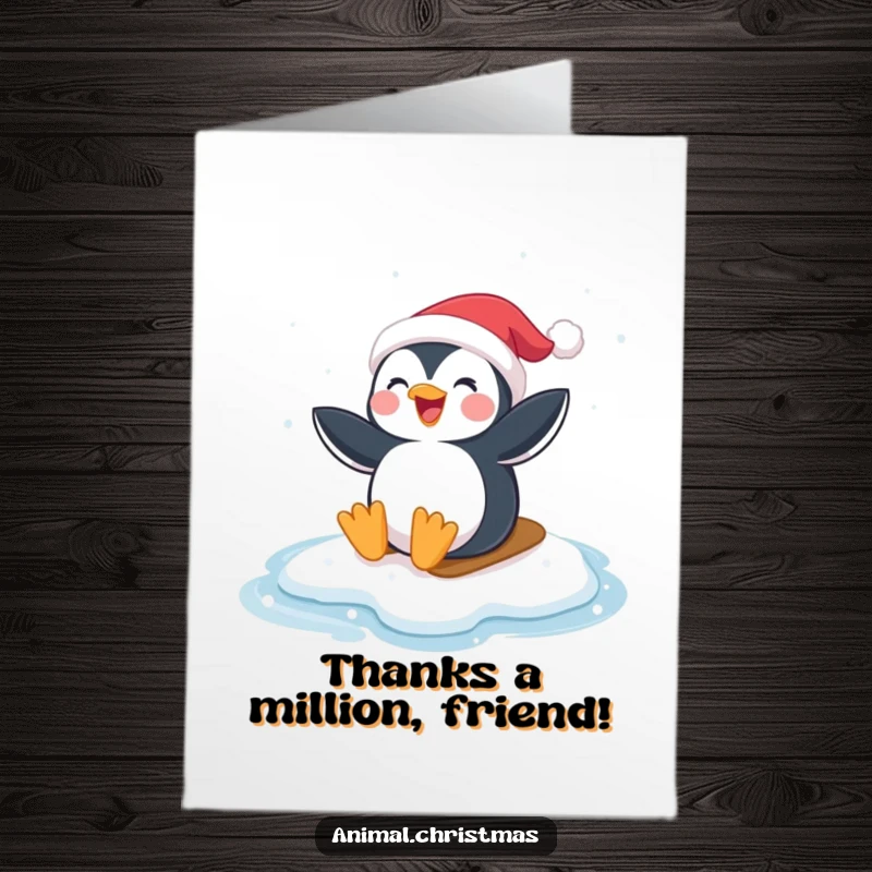 Funny Free Printable Thank You Card: A penguin in a Santa hat slides on ice, conveying thanks with a playful spirit.