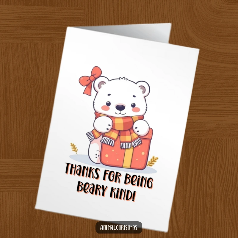 Funny free printable thank you card: a polar bear wearing a scarf peeks from behind a big present, a sweet, humorous thanks.