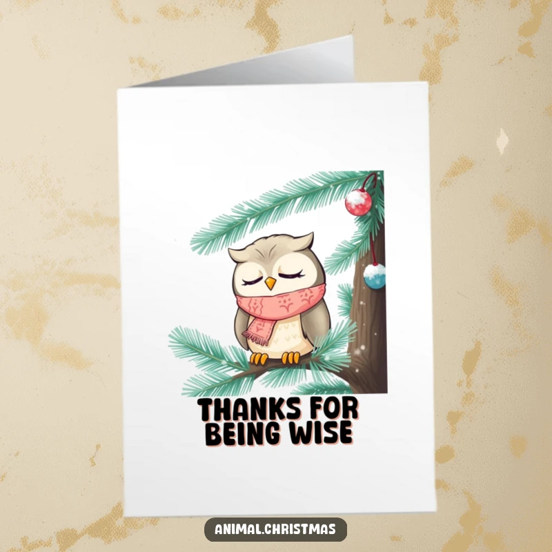 Funny Free Printable Thank You Card: A sleepy owl in a knitted scarf rests peacefully inside a frosted pine tree.