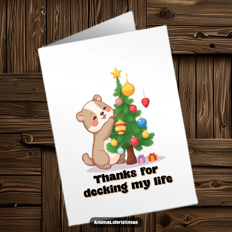 Funny Free Printable Thank You Card: A cute animal decorates a tiny tree, expressing thanks with ornaments.