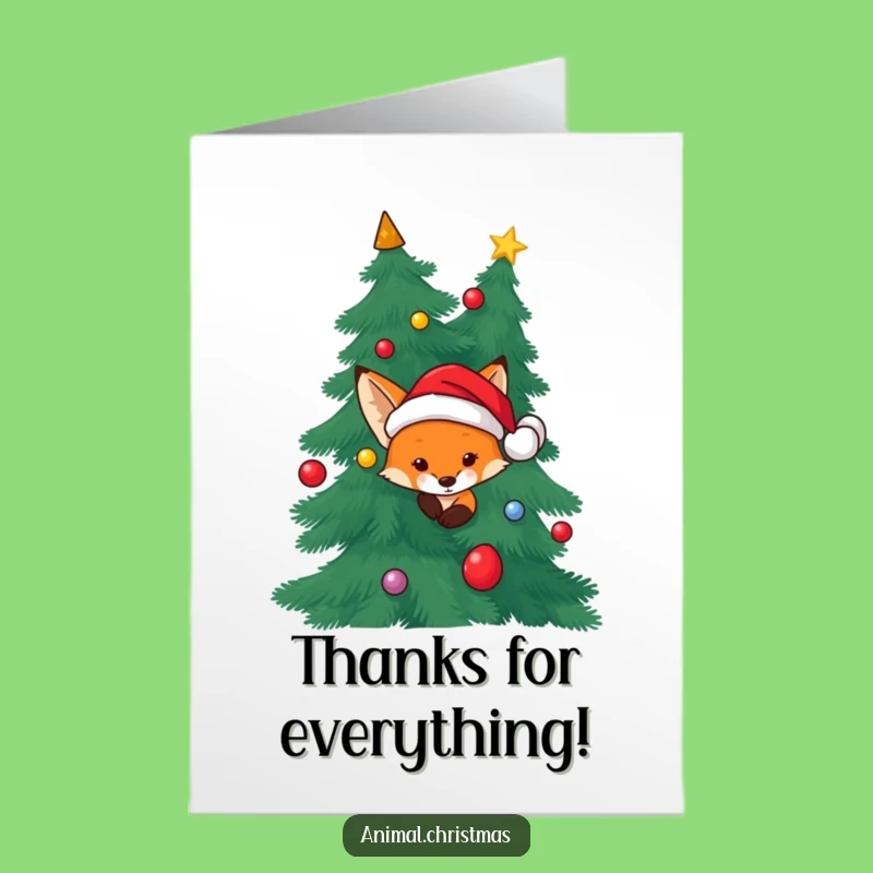 Free Printable Thank You Card: Fox Santa Peek Funny Downloadable Greeting Gratitude