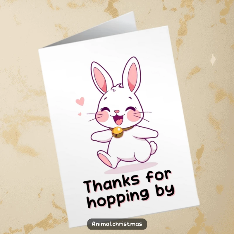 Funny Free Printable Thank You Card: A happy bunny with a jingling collar energetically bounces, expressing thanks.