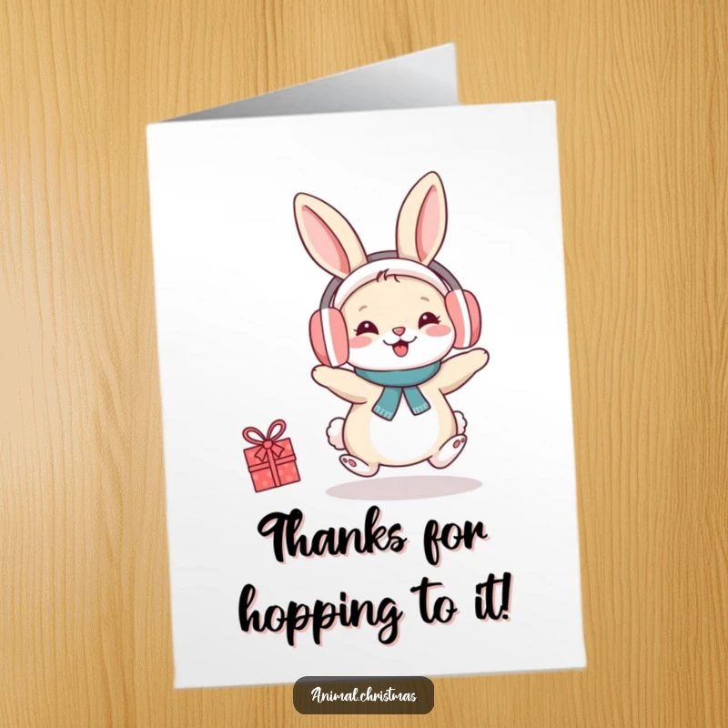Funny Free Printable Thank You Card: A delightful rabbit in earmuffs hops joyfully, sending a warm message of thanks.