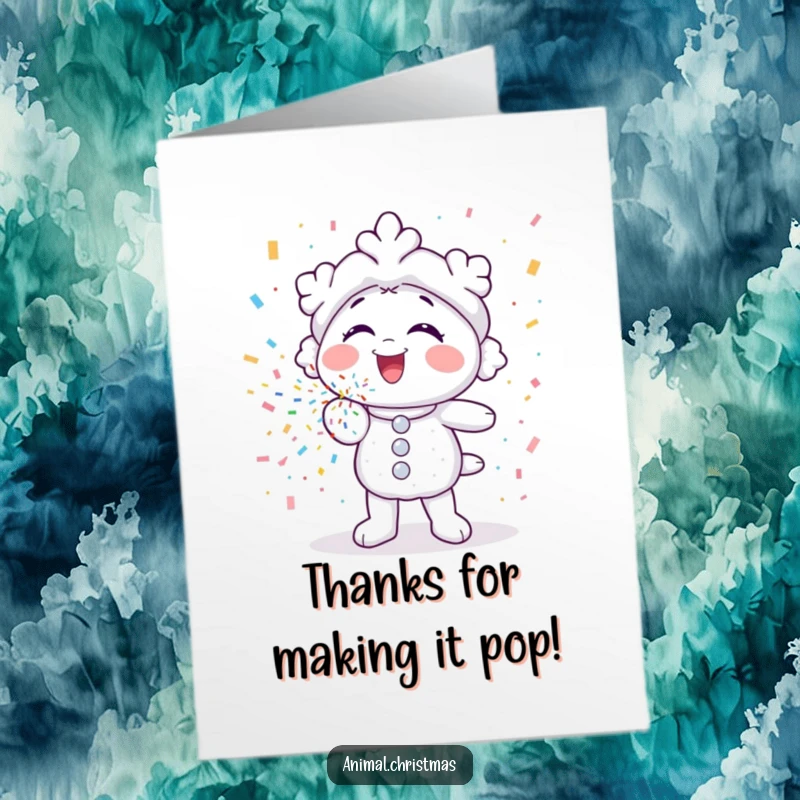 Funny Free Printable Thank You Card: A snowflake gleefully blows colorful confetti, sending thanks with enthusiasm.