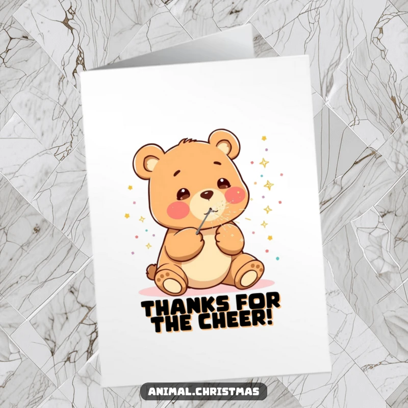 Funny Free Printable Thank You Card: A happy kawaii bear blows sparkly confetti, offering thanks with a cheerful disposition.