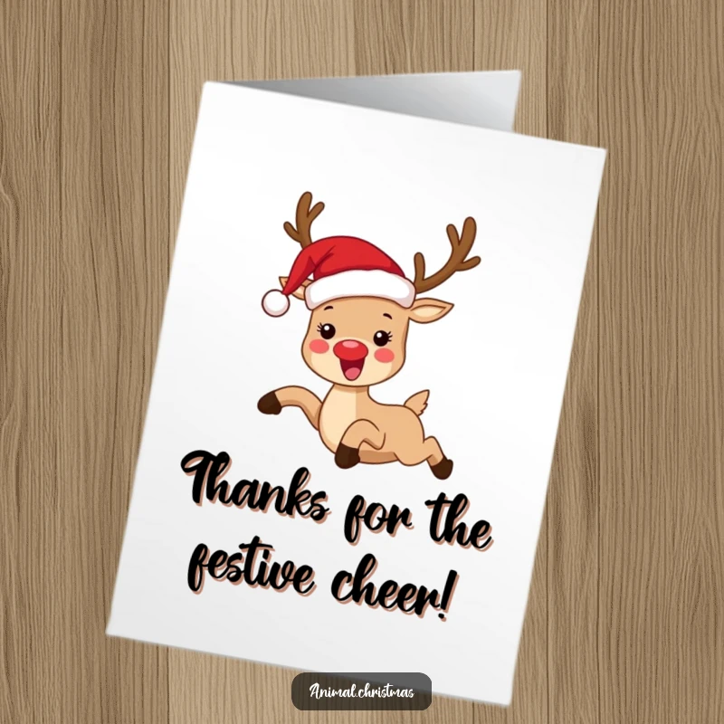Funny Free Printable Thank You Card: A reindeer wearing a Santa hat joyfully leaps, expressing heartfelt thanks.