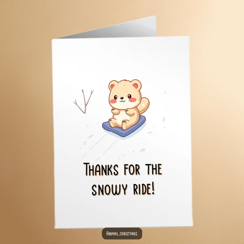 Funny Free Printable Thank You Card: Cheerful cartoon animal giving a thumbs up after snowboarding down a snowy slope, grateful.