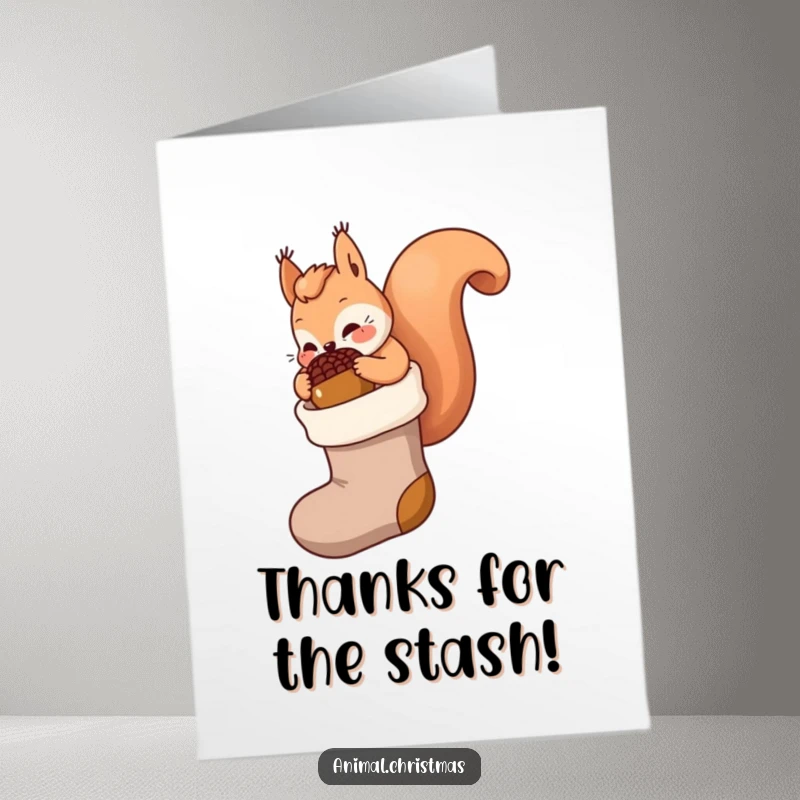 Funny Free Printable Thank You Card: Kawaii squirrel focused on stuffing a massive acorn into a stocking, expressing gratitude.
