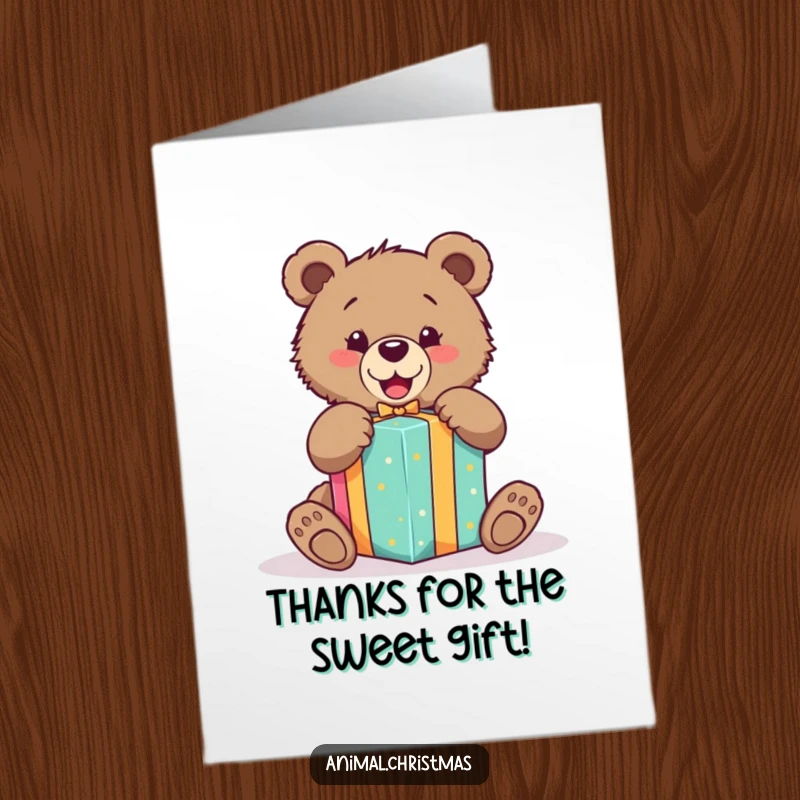 Funny free printable thank you card: a bear cub excitedly unwraps a vibrant gift, conveying thanks with pure, unadulterated joy.