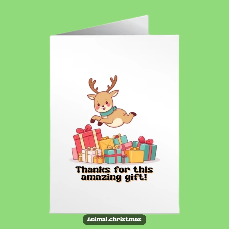 Free Printable Thank You Card: Cute Reindeer Leaping Over Gifts, a Humorous Downloadable Gift