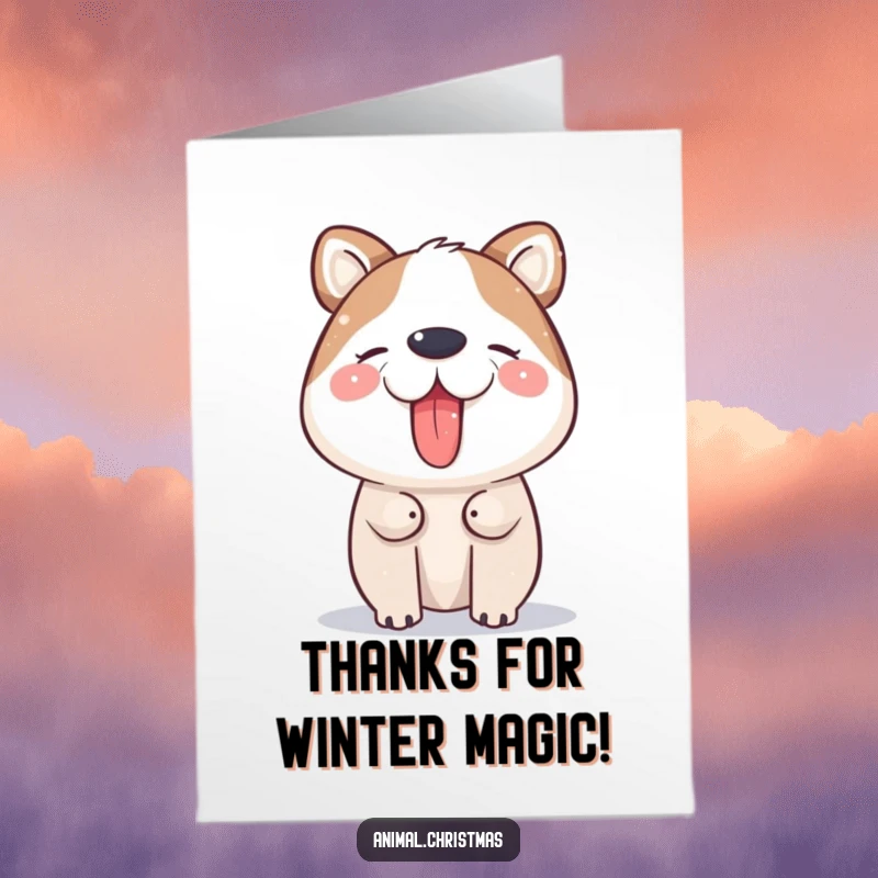 Funny Free Printable Thank You Card: Cute cartoon animal happily catching snowflakes with its tongue out, conveying a warm thank you.