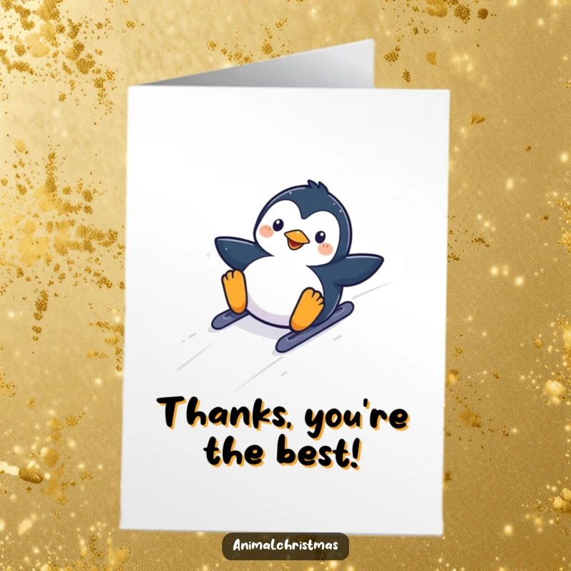 Funny Free Printable thank you card: A kawaii penguin slides down a snowy hill with glee, offering thanks with playful energy. Downloadable!