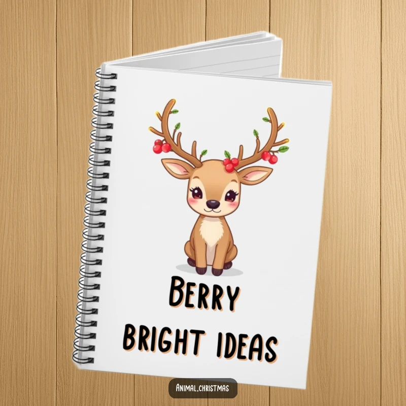 Funny notebook cover features a deer with festive antlers adorned with glowing berries, ideal for creative writing.
