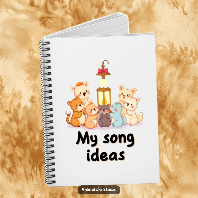 Funny animal carolers notebook cover featuring happy animals singing carols around a glowing lantern, perfect for writing.