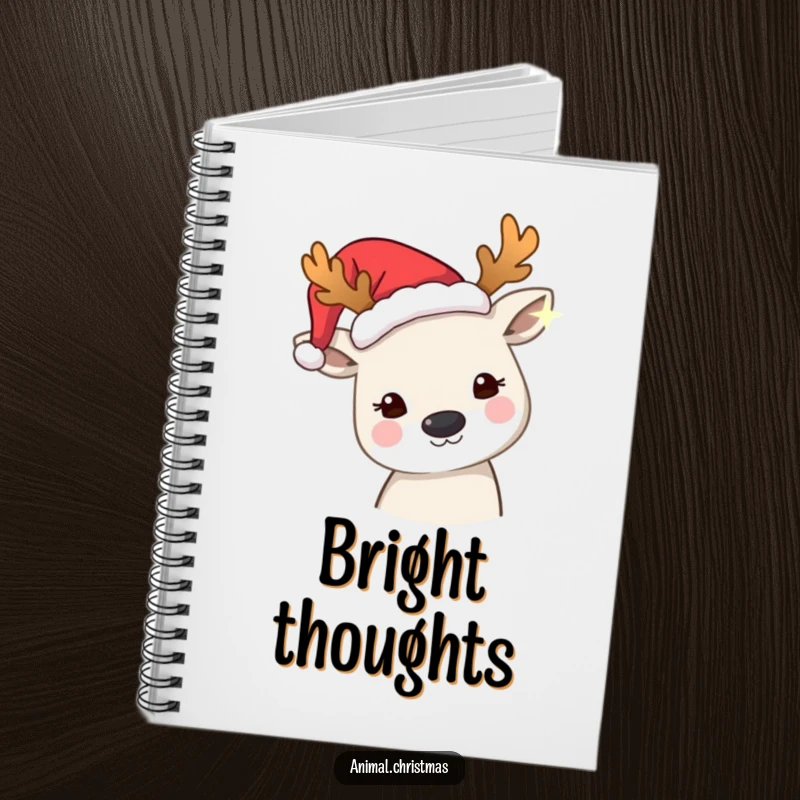Funny notebook with an animal wearing festive antlers, curiously observing a twinkling light, ideal for jotting down holiday ideas.
